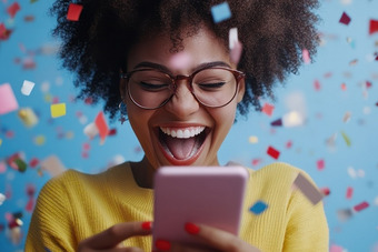 Lachende Frau mit Handy in der Hand und Konfetti in der Luft